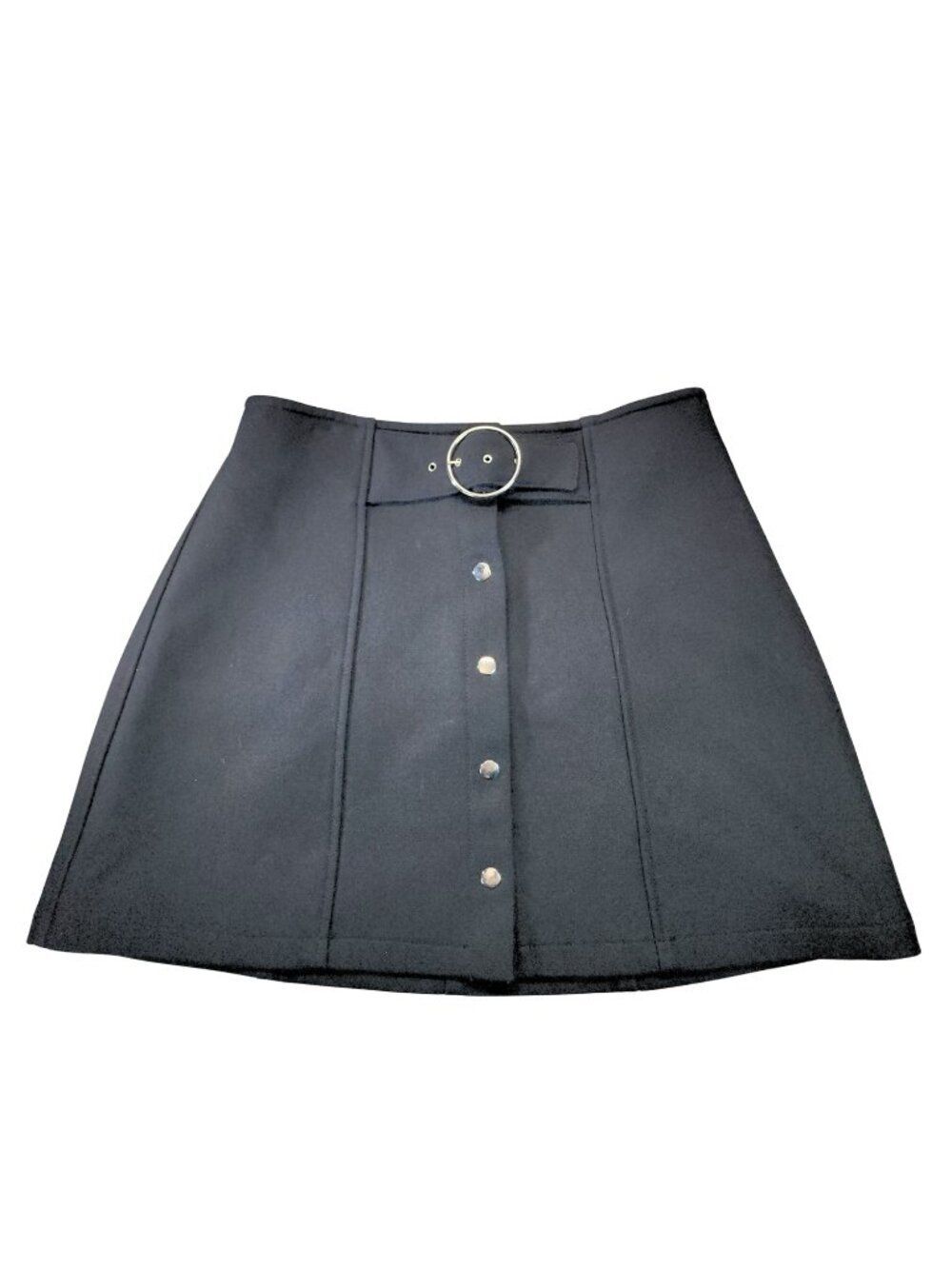 Zara Woman Black A-Line Mini Skirt Silver Buckle Snap Front Corpcore